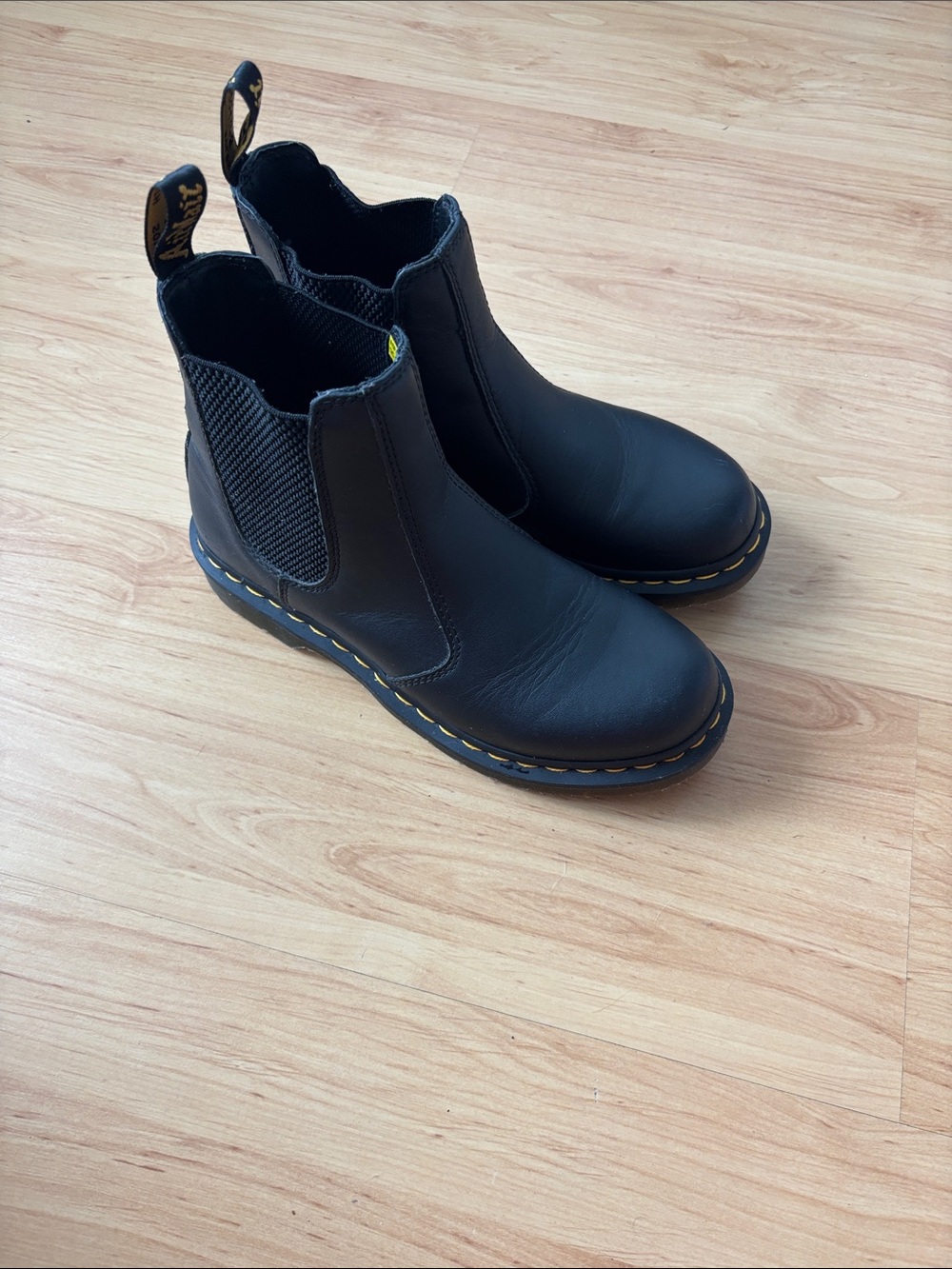 Dr. Martens Black Leather Chelsea Boots with Yellow Welt Stitching